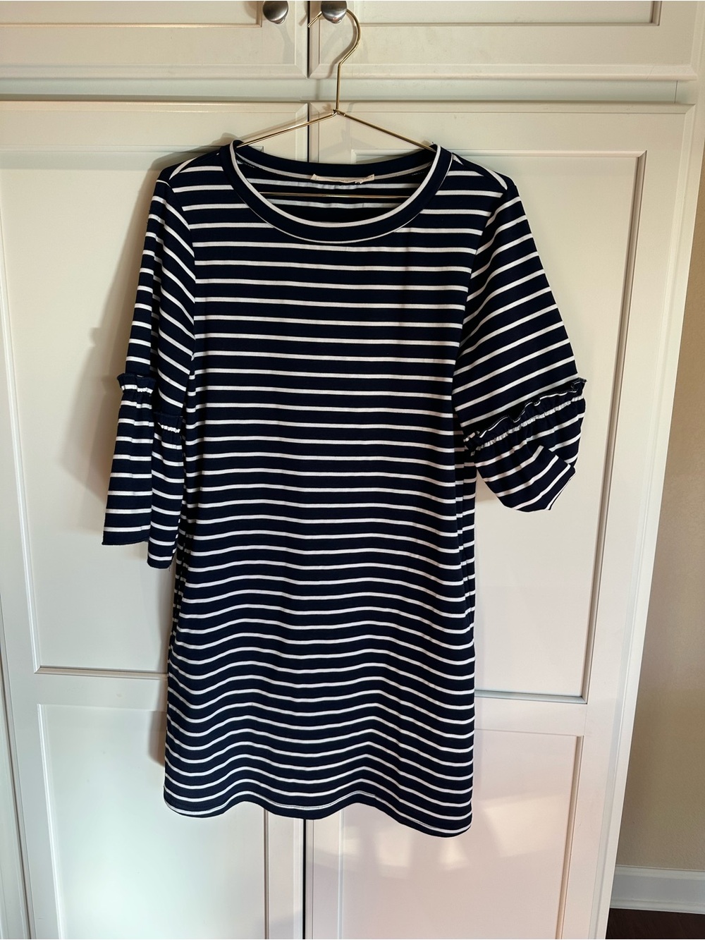 Ellison Navy and White Striped Ruffle Sleeve Tunic Dress